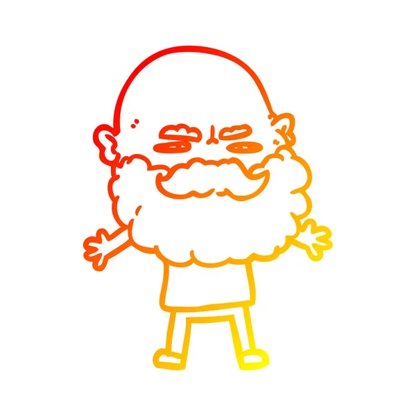 Línea de gradiente caliente dibujo hombre de dibujos animados con barba frunciendo el ceño — Vector de stock