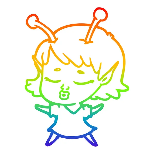 Rainbow gradient linje ritning söt Alien Girl Cartoon — Stock vektor