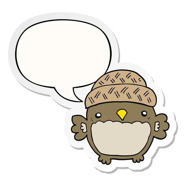 Cute cartoon owl in hat and speech bubble sticker — Stock Vector