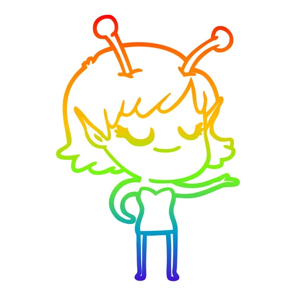 Linea gradiente arcobaleno disegno sorridente ragazza aliena cartone animato — Vettoriale Stock