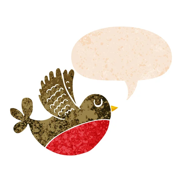 Oiseau volant de bande dessinée et bulle de parole dans le style texturé rétro — Image vectorielle