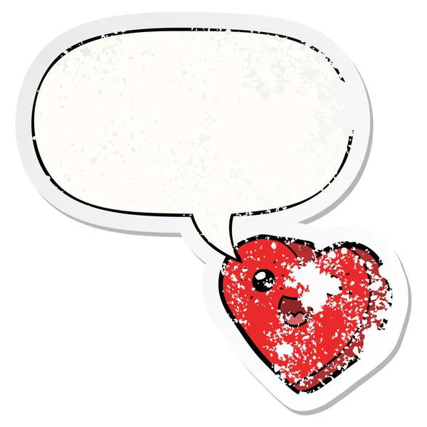 Personnage de dessin animé coeur et bulle de la parole autocollant affligé — Image vectorielle