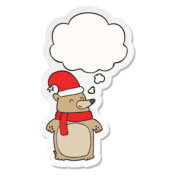 Dessin animé ours de Noël et bulle de pensée comme un autocollant imprimé — Image vectorielle