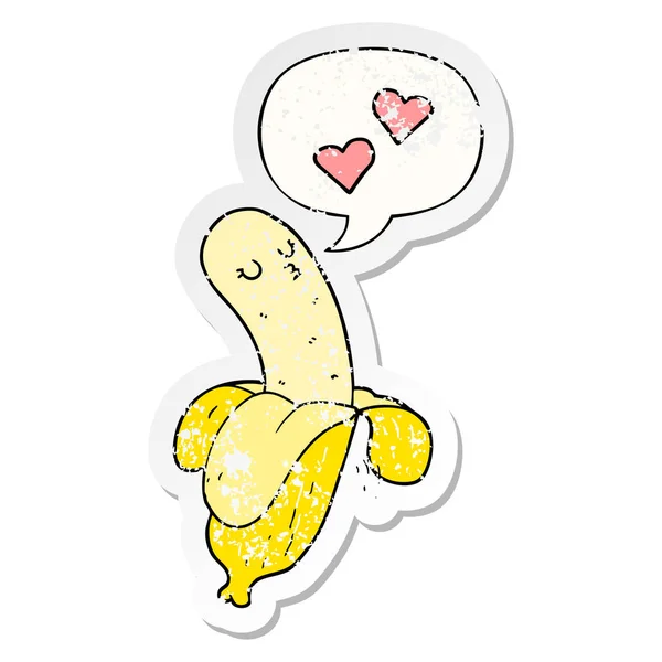 Cartoon banaan in liefde en toespraak bubble noodlijdende sticker — Stockvector