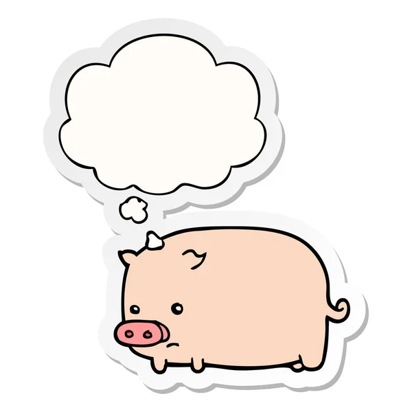 Sevimli karikatür domuz ve basılı bir etiket olarak kabarcık düşünce — Stok Vektör