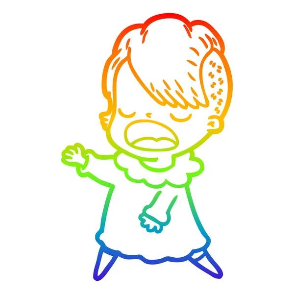 Arcobaleno gradiente linea disegno cartone animato fresco hipster ragazza parlando — Vettoriale Stock