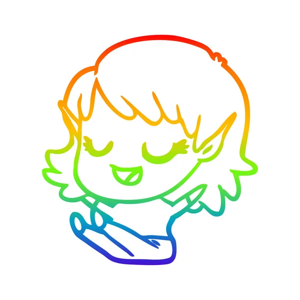 Rainbow gradient line drawing happy cartoon elf girl sitting — Stock Vector