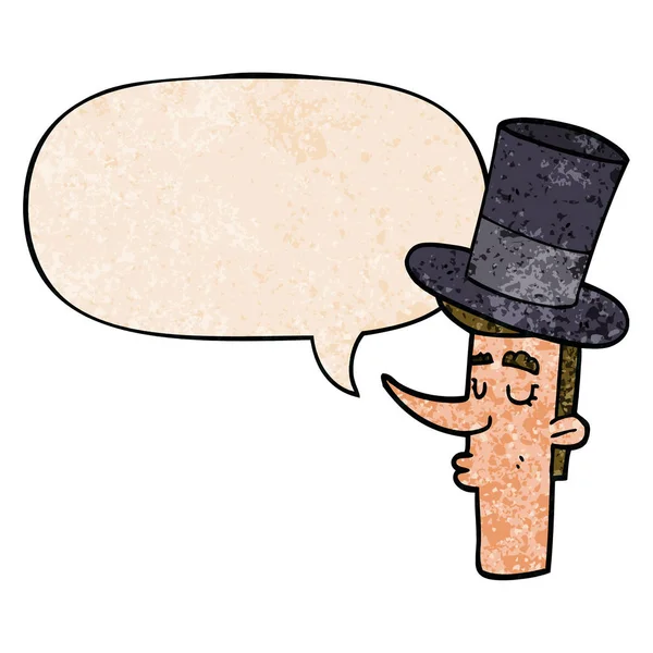 Dessin animé homme portant chapeau haut de forme et bulle de parole dans la texture rétro s — Image vectorielle