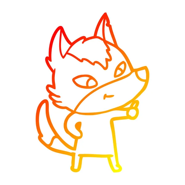 Línea de gradiente caliente dibujo amistoso lobo de dibujos animados — Vector de stock