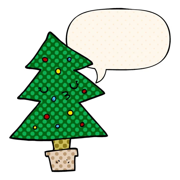 Árbol de Navidad de dibujos animados y burbuja del habla en estilo de cómic — Vector de stock
