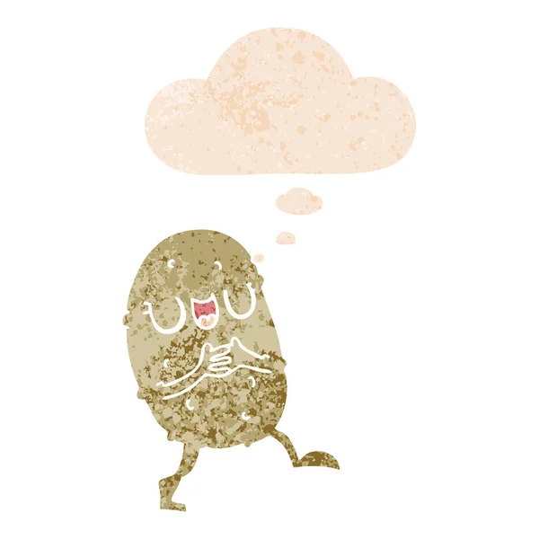 Мультяшна щаслива картопля і мислення бульбашка в ретро текстурованому стилі — стоковий вектор