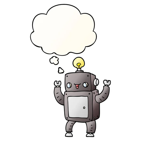 Desenho animado robô feliz e bolha de pensamento em estilo gradiente suave — Vetor de Stock