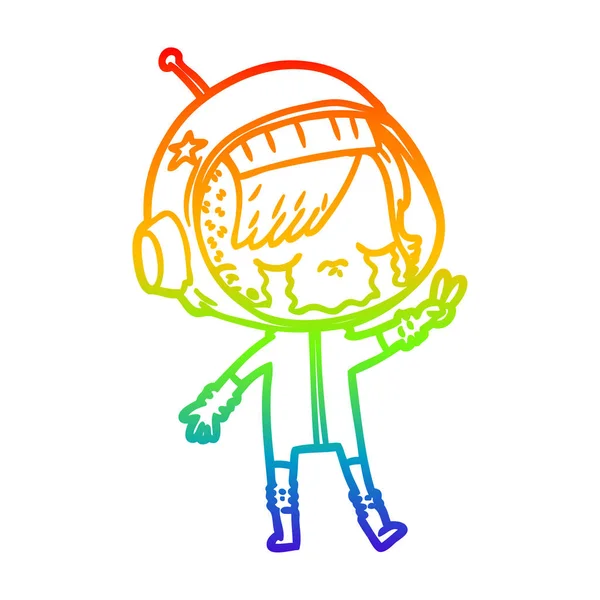 Rainbow gradient line drawing cartoon crying astronaut girl — Stock Vector