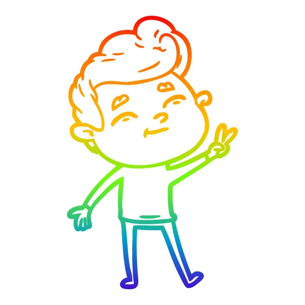 Rainbow gradient line drawing happy cartoon man giving a peace s — Stock Vector