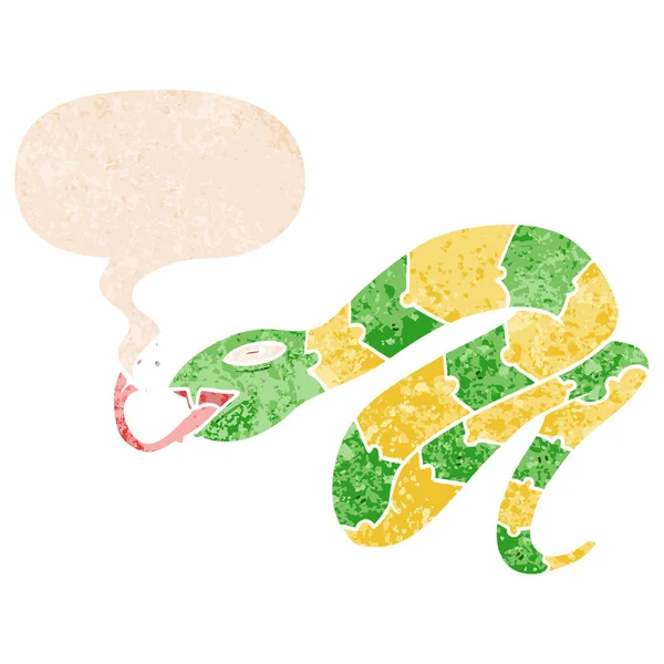 Desenho animado sibilando serpente e fala bolha no estilo retro texturizado — Vetor de Stock
