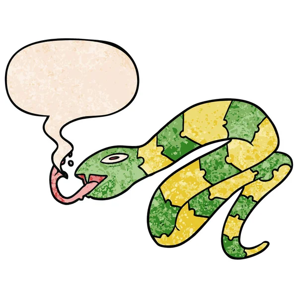 Desenho animado sibilando serpente e fala bolha no estilo de textura retro — Vetor de Stock