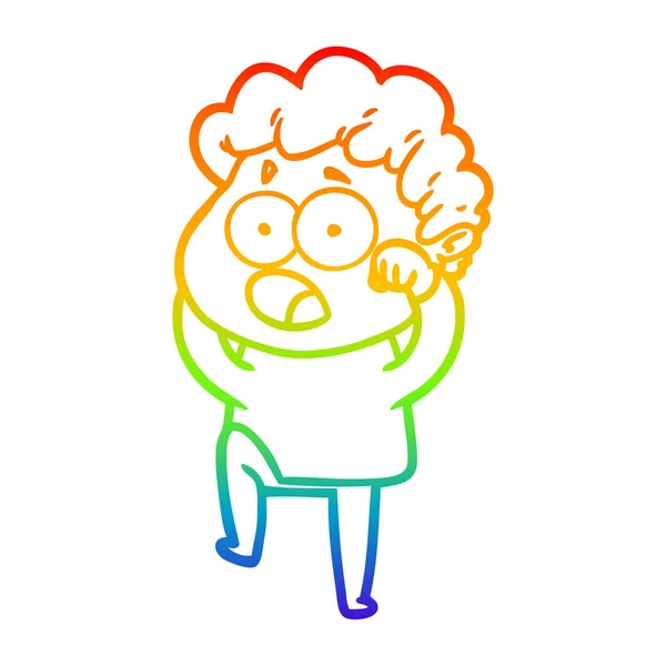 Rainbow gradient ligne dessin dessin animé homme haletant dans surprise — Image vectorielle