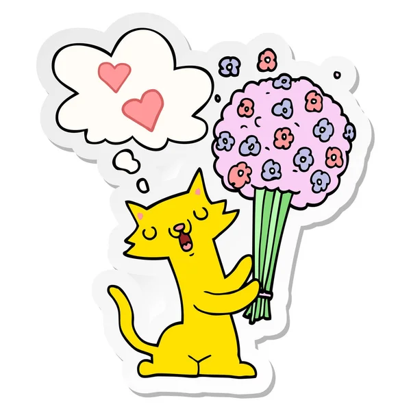 Cartoon kat verliefd op bloemen en gedachte Bubble als een gedrukte — Stockvector