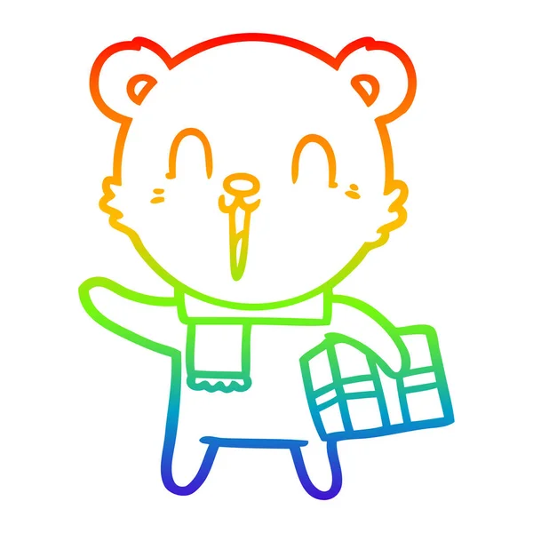 Rainbow gradient line drawing happy cartoon bear with gift — Stock Vector