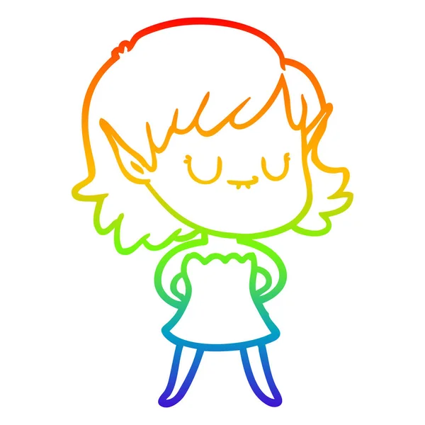 Rainbow gradient ligne dessin heureux dessin animé elfe fille portant dre — Image vectorielle