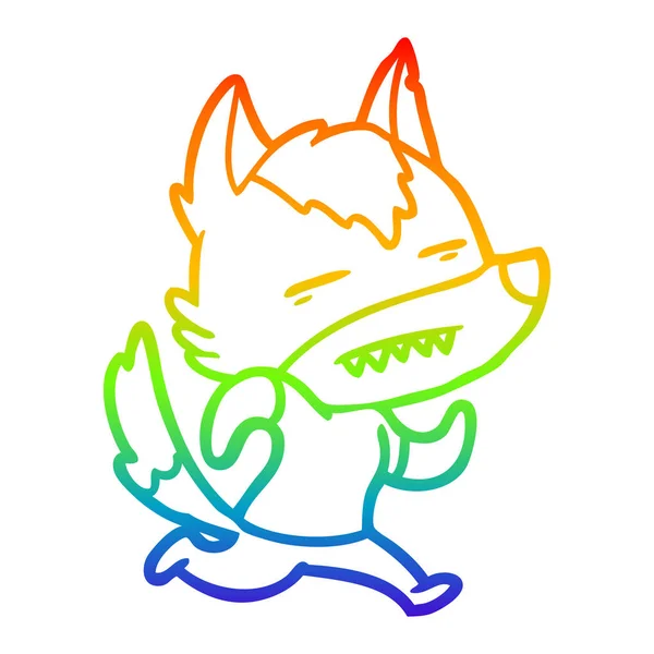 Linea gradiente arcobaleno disegno cartoni animati lupo che mostra i denti — Vettoriale Stock
