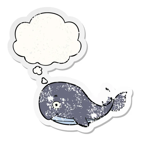 Ikan paus kartun dan berpikir gelembung sebagai stiker tertekan usang - Stok Vektor