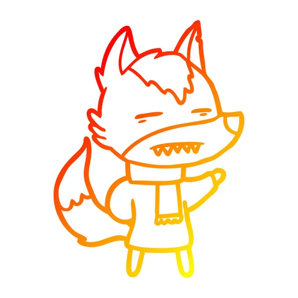 Línea de gradiente caliente dibujo de dibujos animados lobo en ropa de invierno — Vector de stock