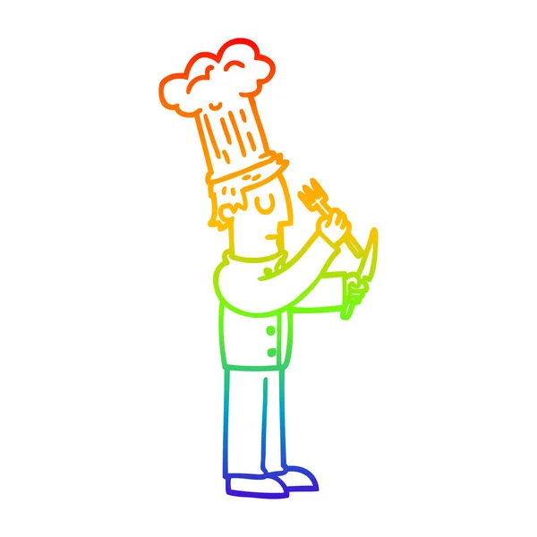 Tęcza gradient linia rysunek szef kuchni z nożem i widelcem — Wektor stockowy