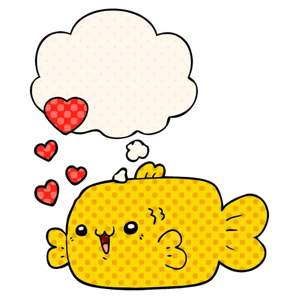 Poisson dessin animé mignon avec des cœurs d'amour et bulle de pensée dans la bande dessinée b — Image vectorielle