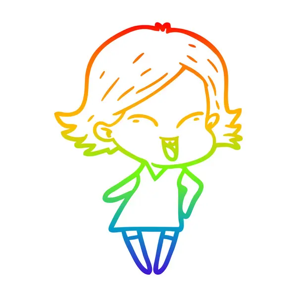 Rainbow gradient line drawing happy cartoon girl — Stock Vector