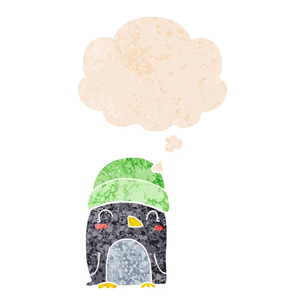 Милий мультяшний пінгвін і думав бульбашка в ретро текстурованому стилі — стоковий вектор