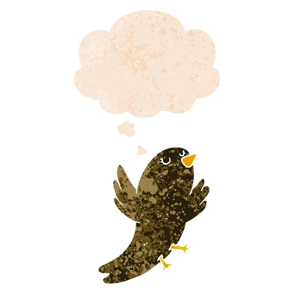 Pájaro de dibujos animados y burbuja de pensamiento en estilo retro texturizado — Vector de stock