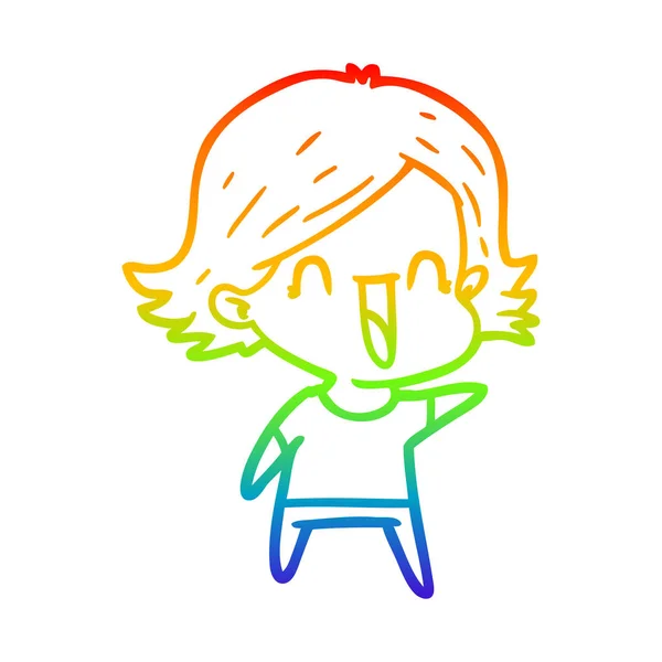 虹のグラデーションライン描画漫画幸せな女性 — ストックベクタ