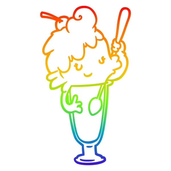 Rainbow gradient line drawing ice cream soda girl — Stock Vector