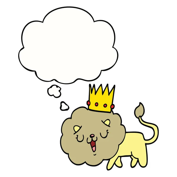 Kreskówka lew z korony i myśli bańki — Wektor stockowy