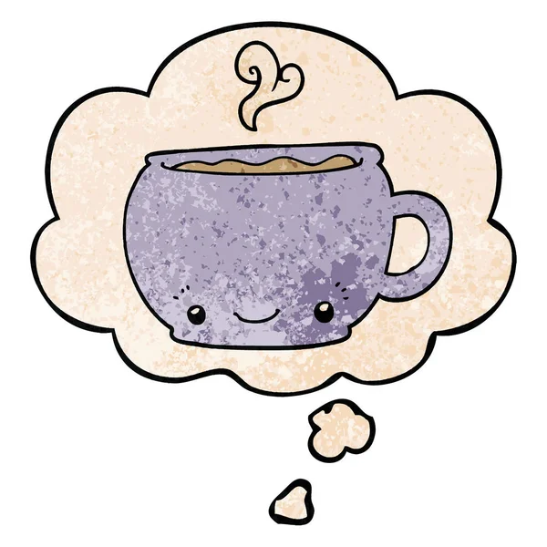 Dibujos animados taza caliente de café y burbuja de pensamiento en textura grunge p — Archivo Imágenes Vectoriales