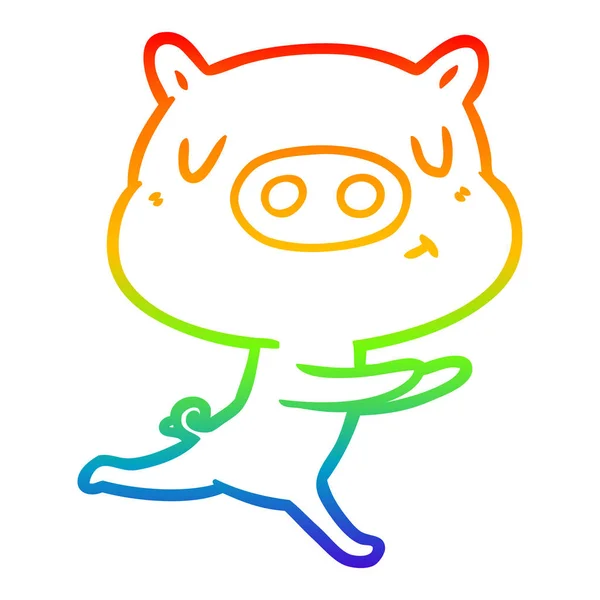 Rainbow gradient line drawing cartoon content pig running — Stock Vector