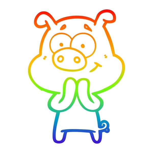 Радужная градиентная линия, рисующая счастливую мультяшную свинью — стоковый вектор