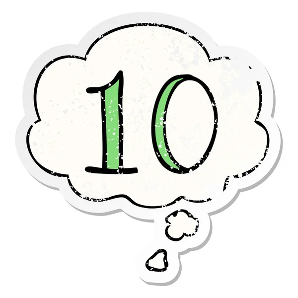 Desenho animado número 10 e bolha de pensamento como um adesivo desgastado angustiado —  Vetores de Stock