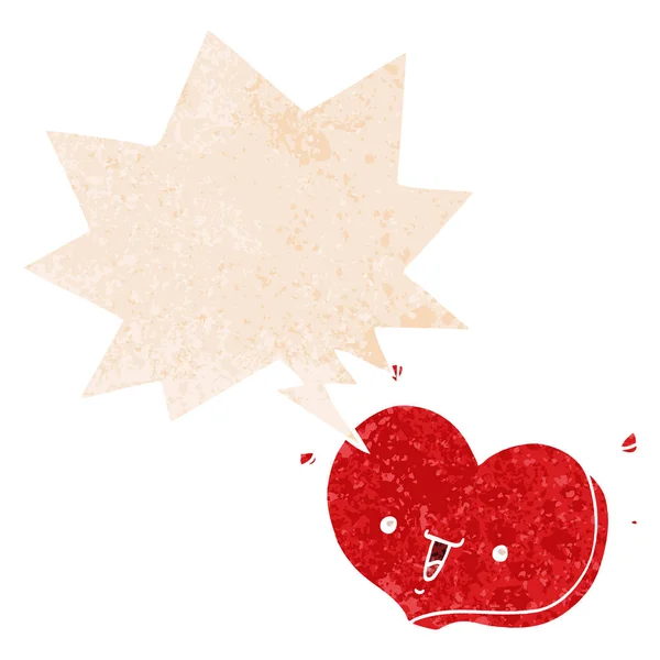 Κινούμενα σχέδια ευτυχής αγάπη καρδιά και φούσκα ομιλίας σε ρετρό υφή αχούρι — Διανυσματικό Αρχείο