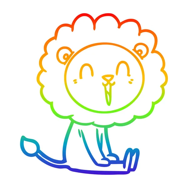 Rainbow gradient linje ritning skratta lejon tecknad sittande — Stock vektor