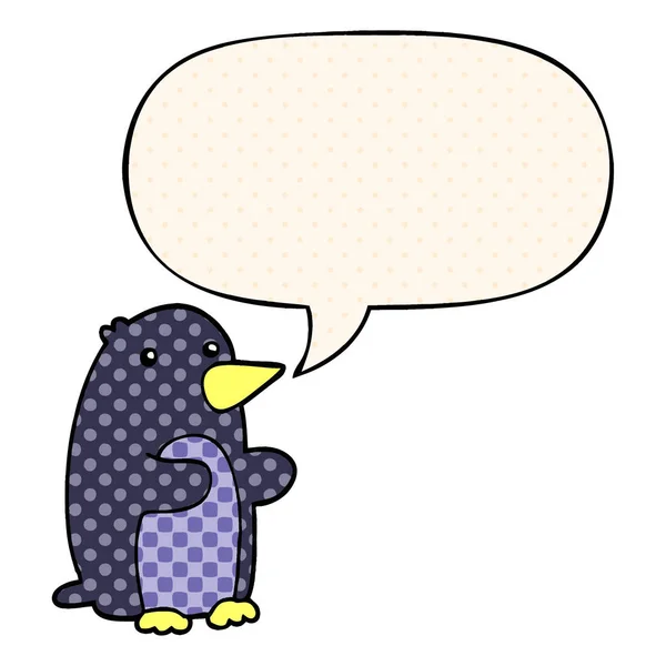 Pinguim dos desenhos animados e bolha de fala em estilo quadrinhos — Vetor de Stock