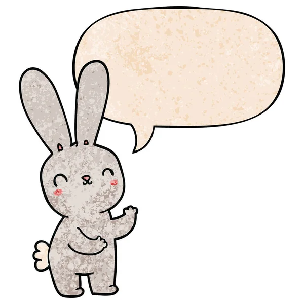 Lindo conejo de dibujos animados y burbuja del habla en estilo de textura retro — Archivo Imágenes Vectoriales