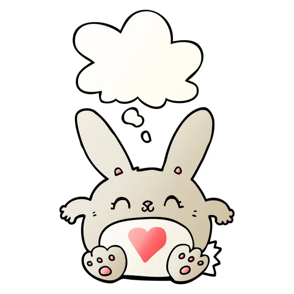 Lindo conejo de dibujos animados con corazón de amor y burbuja de pensamiento en suave — Vector de stock