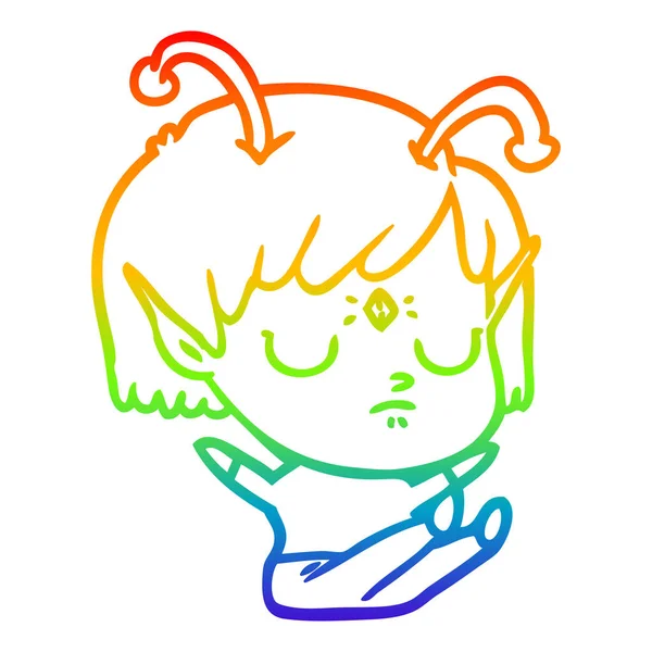 Regenboog gradiënt lijntekening cartoon Alien meisje — Stockvector