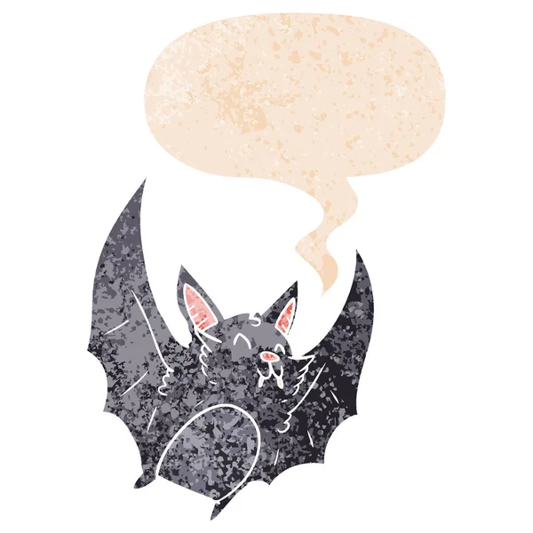 Desenho animado halloween morcego e fala bolha no estilo retro texturizado — Vetor de Stock