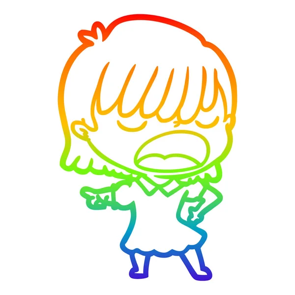 Rainbow gradient line drawing cartoon woman talking loudly — Stock Vector