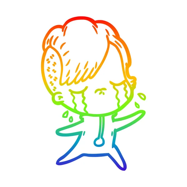 Arco-íris linha gradiente desenho cartoon chorando menina vestindo espaço — Vetor de Stock