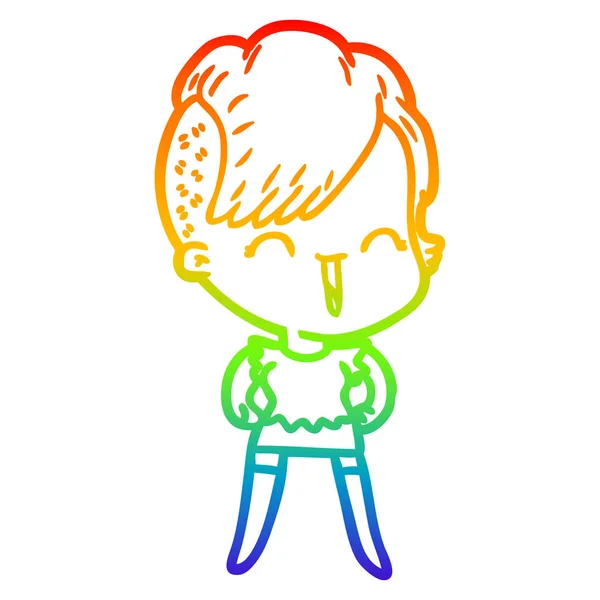 Rainbow gradient ligne dessin dessin animé heureux hipster fille — Image vectorielle