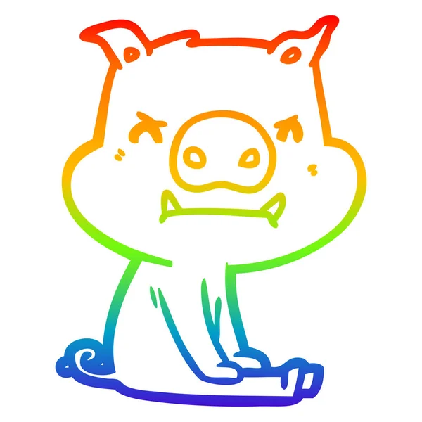 Rainbow gradient linje ritning arga tecknad gris sittande — Stock vektor